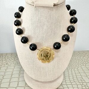 Vintage Napoleon Emperor Coin Medallion Black Beaded Gold Tone Necklace